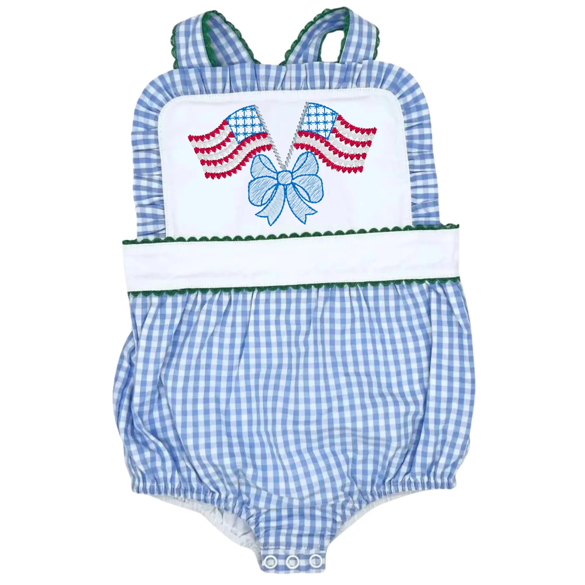 Girl's Blue Gingham With Green Ricrac Trim Sunsuit Pink Poodle Designz