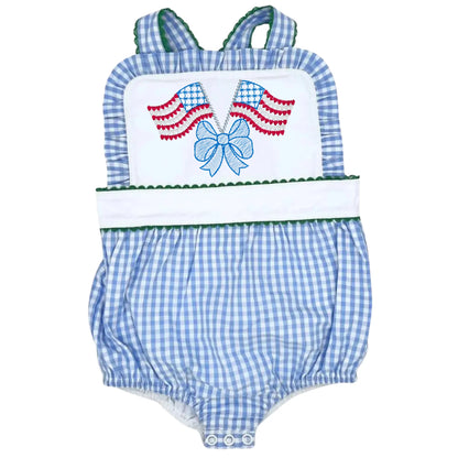 Girl's Blue Gingham With Green Ricrac Trim Sunsuit Pink Poodle Designz