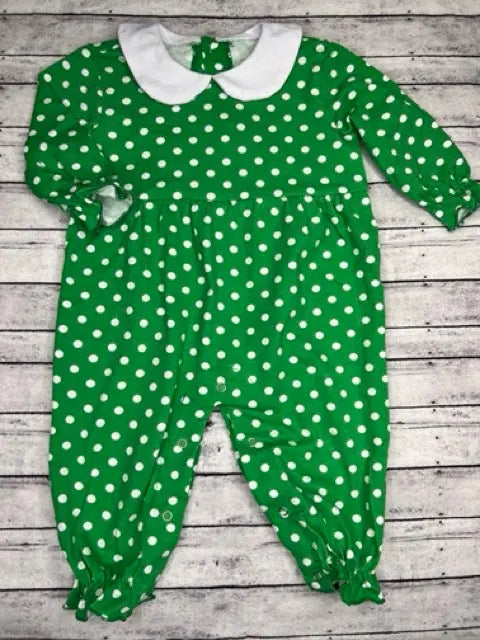 Girl’s Green & White Polka Dot Long Sleeve Romper Pink Poodle Designz