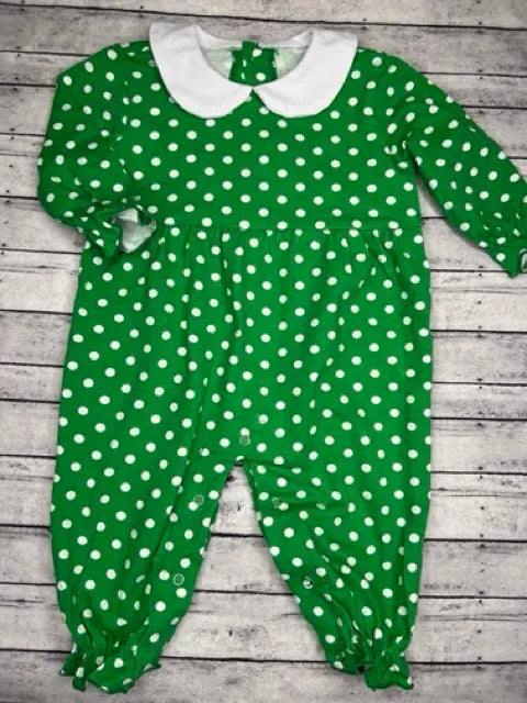 Girl’s Green & White Polka Dot Long Sleeve Romper Pink Poodle Designz