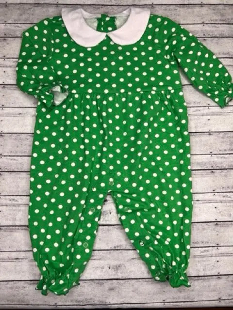 Girl’s Green & White Polka Dot Long Sleeve Romper Pink Poodle Designz