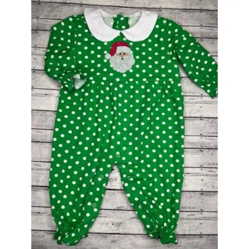 Girl’s Green & White Polka Dot Long Sleeve Romper Pink Poodle Designz