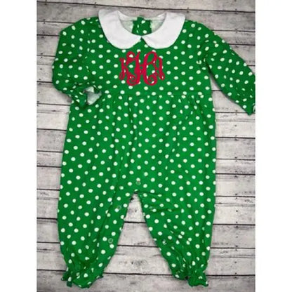 Girl’s Green & White Polka Dot Long Sleeve Romper Pink Poodle Designz