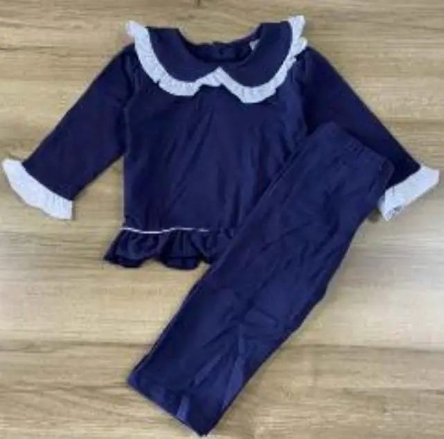 Girl’s Navy & White Trim 2PC Ruffle Pajamas Pink Poodle Designz