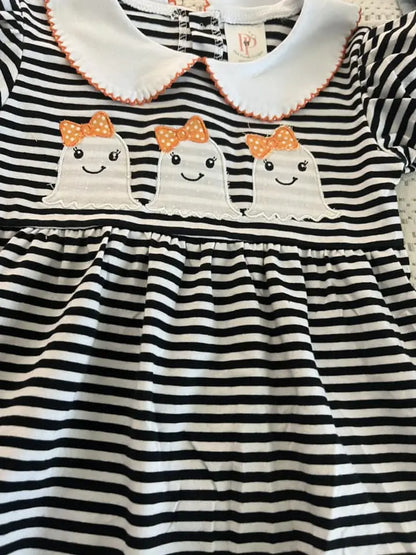 Girls Black & White Stripe Bubble Trimmed in Orange Pink Poodle Designz