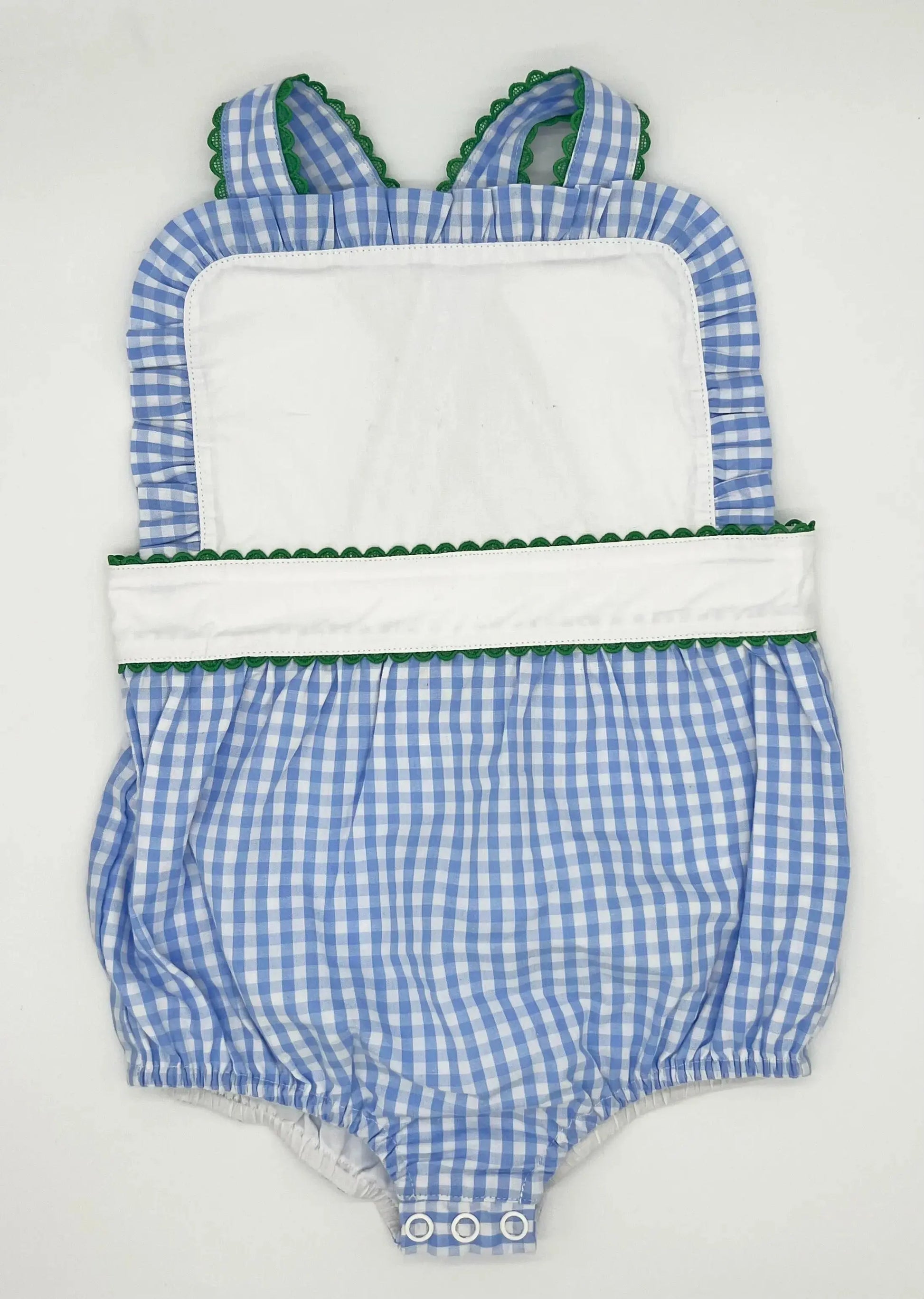 Girls Blue Gingham With Green Ricrac Trim Sunsuit Pink Poodle Designz