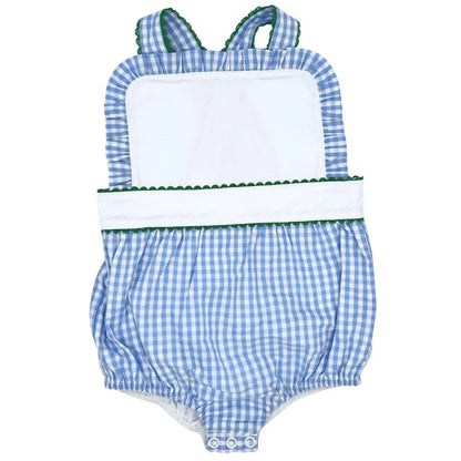 Girls Blue Gingham With Green Ricrac Trim Sunsuit Pink Poodle Designz