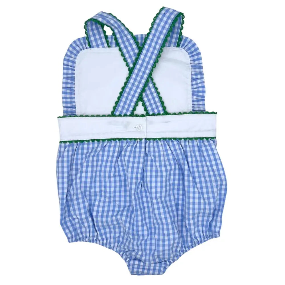 Girls Blue Gingham With Green Ricrac Trim Sunsuit Pink Poodle Designz