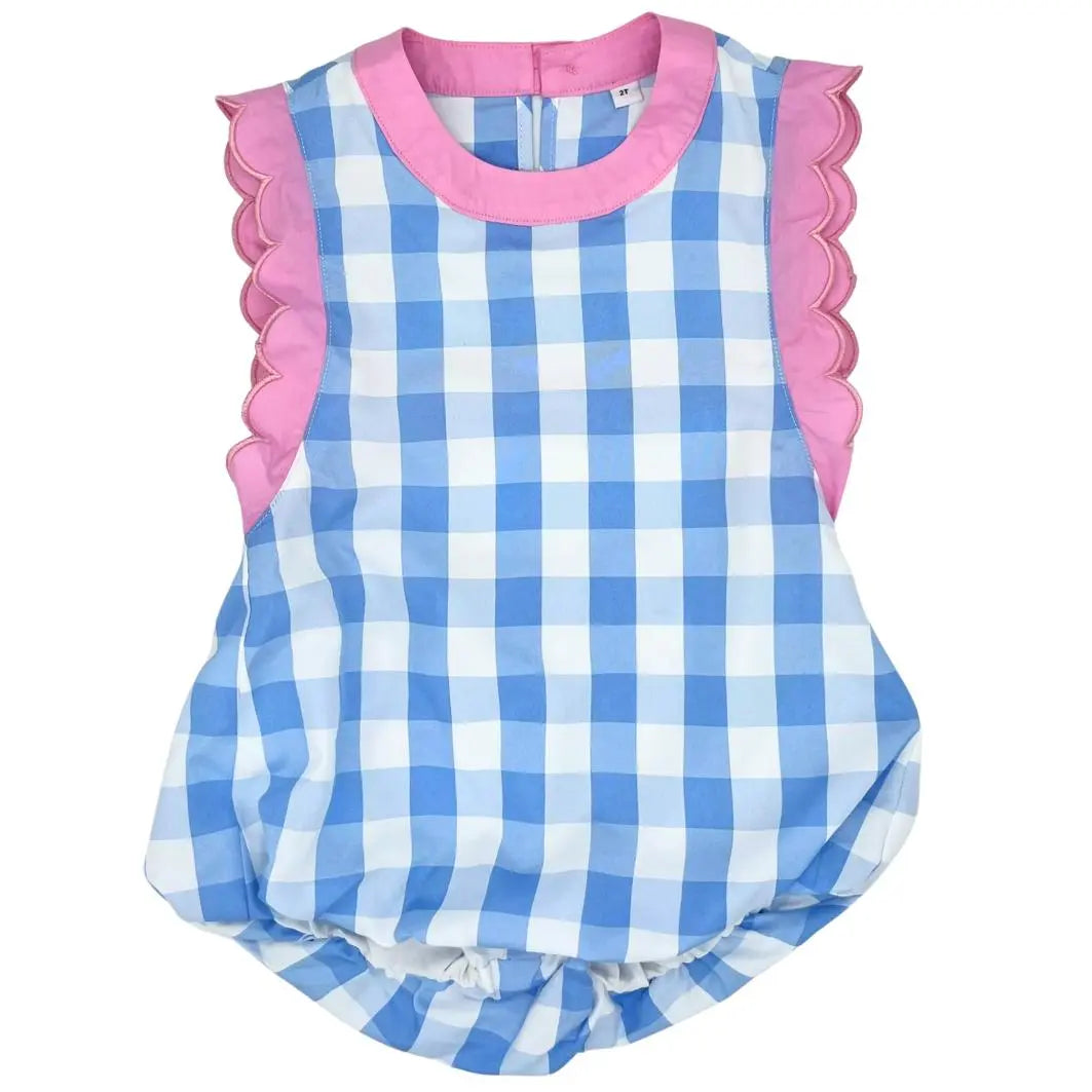 Girls Blue & White Gingham With Pink Scallop Trim Sunsuit Pink Poodle Designz