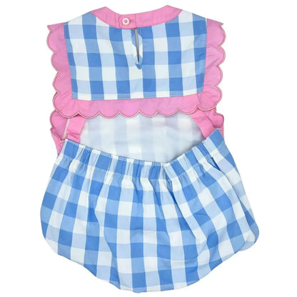 Girls Blue & White Gingham With Pink Scallop Trim Sunsuit Pink Poodle Designz