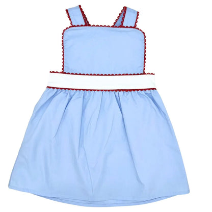 Girls Blue & White With Red RicRac Trim Dress Pink Poodle Designz