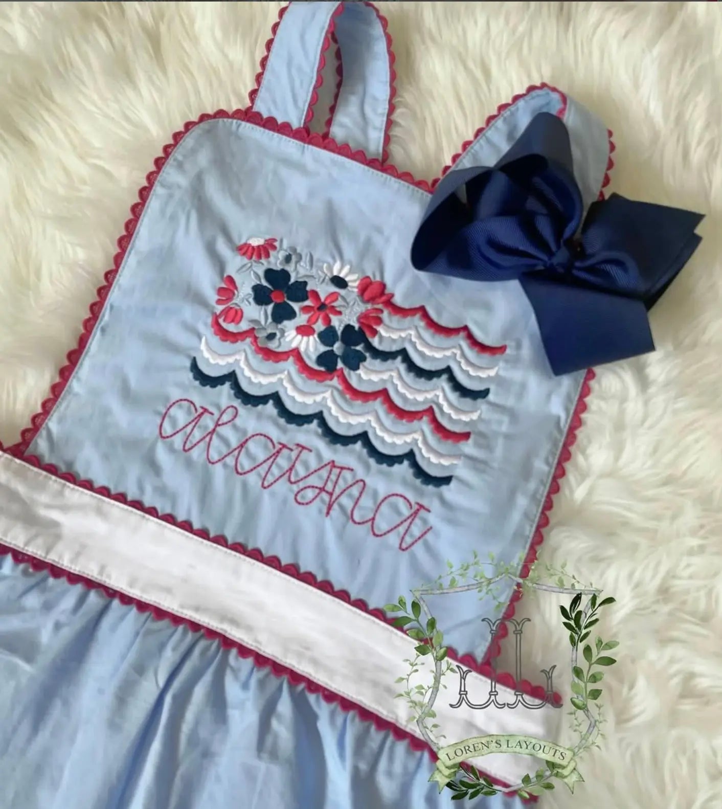 Girls Blue & White With Red RicRac Trim Dress Pink Poodle Designz