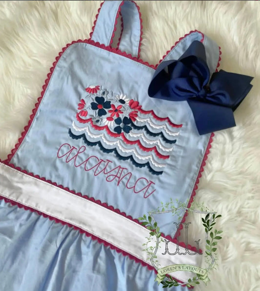 Girls Blue & White With Red RicRac Trim Dress Pink Poodle Designz