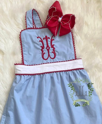 Girls Blue & White With Red RicRac Trim Dress Pink Poodle Designz