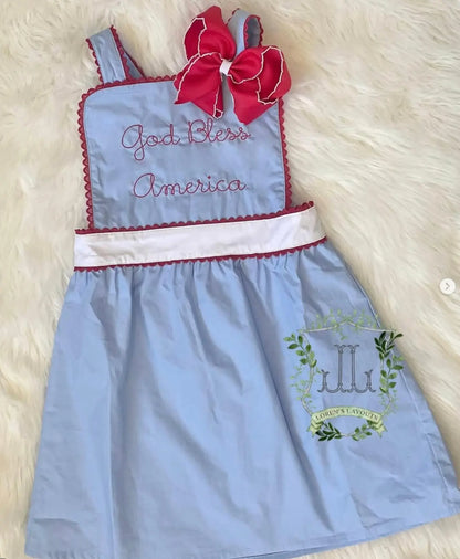 Girls Blue & White With Red RicRac Trim Dress Pink Poodle Designz