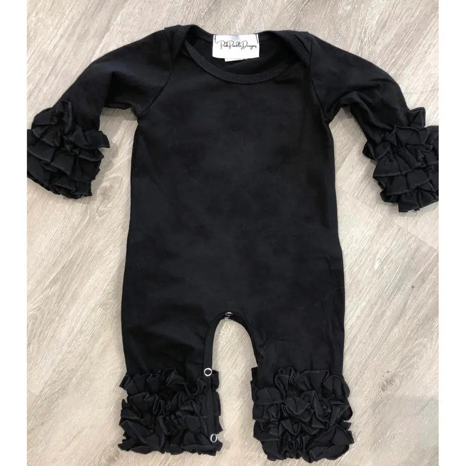 Girls Christmas Black Ruffle Romper Hick’s Blanks