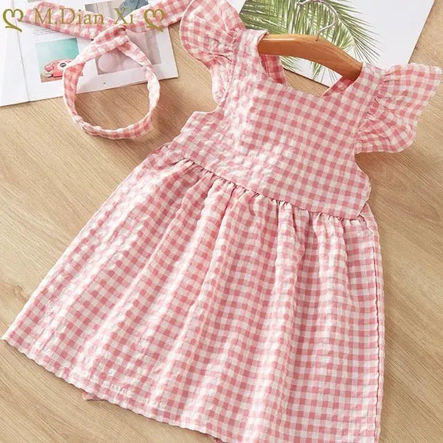 Girls Gingham Open Back Flutter Sleeve Dress Pink Poodle Designz