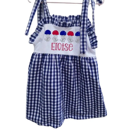 Girls Navy Gingham Dress Pink Poodle Designz