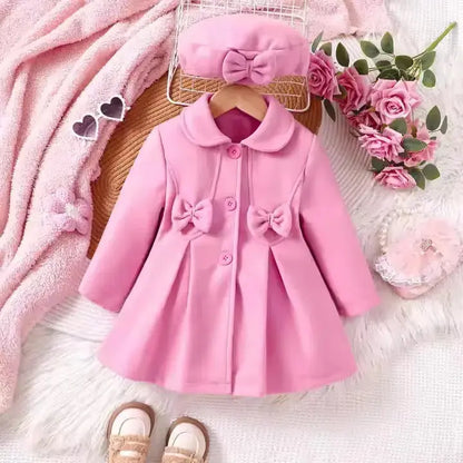 Girls Pink Bow Peacoat Jacket With Beret Pink Poodle Designz