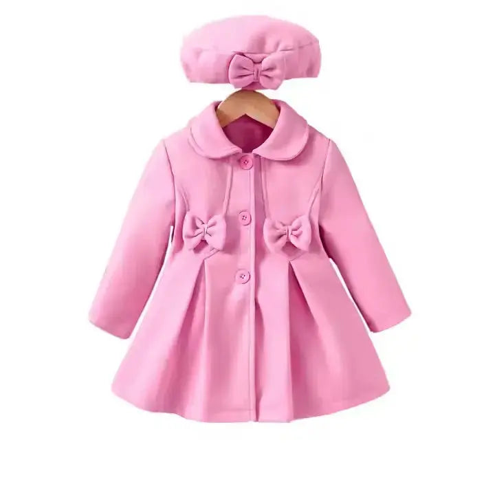 Girls Pink Bow Peacoat Jacket With Beret Pink Poodle Designz