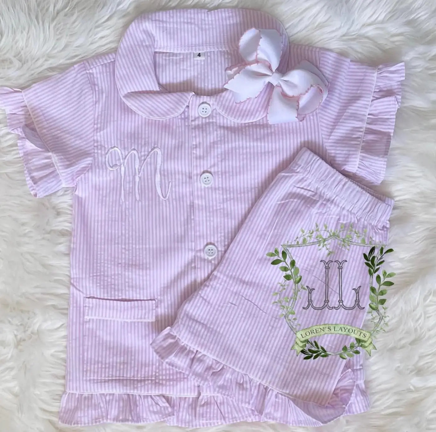 Girls Pink Seersucker Ruffle Pajama Short Set Pink Poodle Designz
