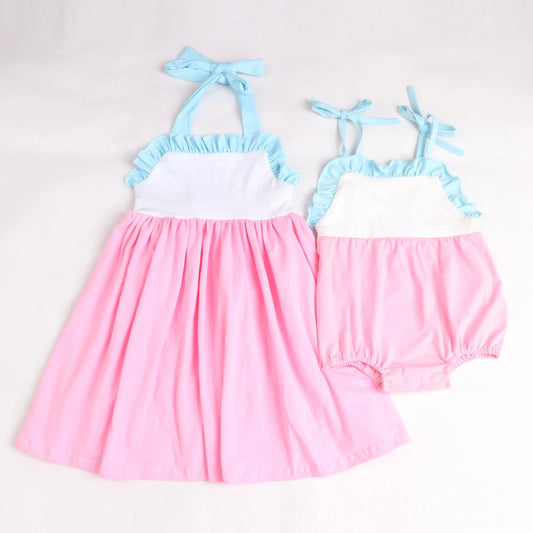 Copy of Girls Pink, White, & Blue Girl's Ruffle Knit Summer Sunsuit Pink Poodle Designz