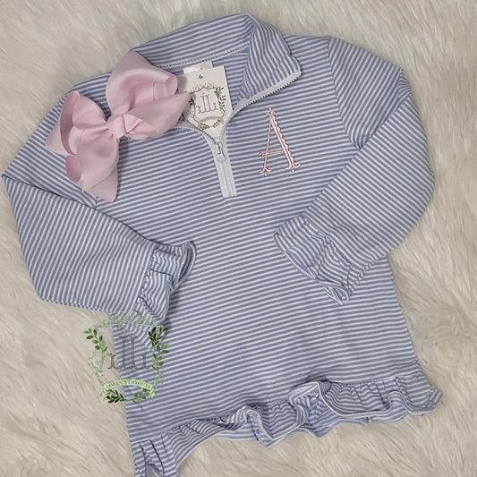 Girls Quarter Zip Straight and Ruffle Stripe Pullovers (Peachy Pink, Blue & Green) Pink Poodle Designz
