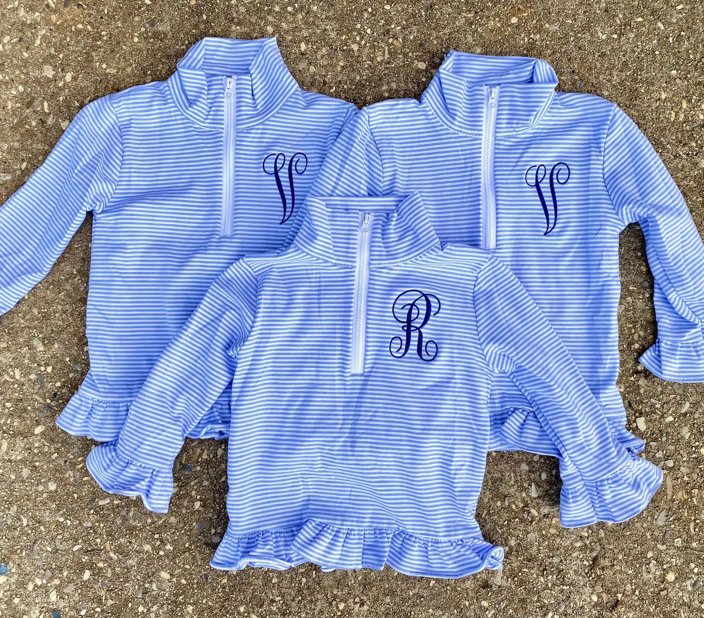 Girls Quarter Zip Straight and Ruffle Stripe Pullovers (Peachy Pink, Blue & Green) Pink Poodle Designz