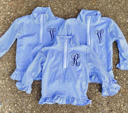 Girls Quarter Zip Straight and Ruffle Stripe Pullovers (Peachy Pink, Blue & Green) Pink Poodle Designz