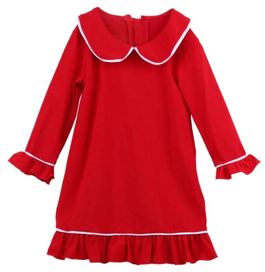 Girls Red Christmas Pajama Night Gown Monogrammed with White Trim Pink Poodle Designz