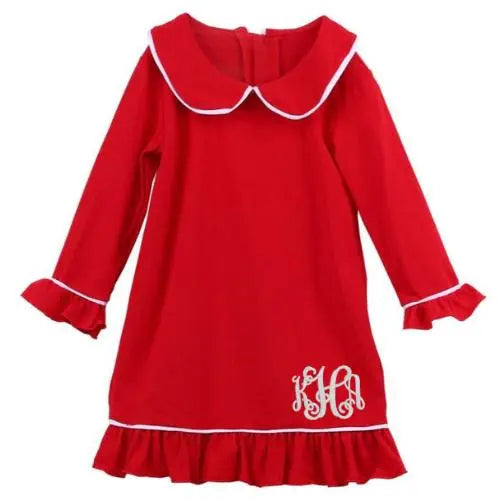 Girls Red Christmas Pajama Night Gown Monogrammed with White Trim Pink Poodle Designz