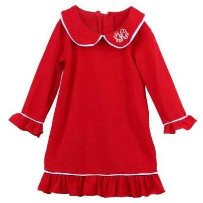 Girls Red Christmas Pajama Night Gown Monogrammed with White Trim Pink Poodle Designz