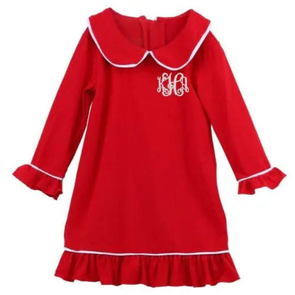 Girls Red Christmas Pajama Night Gown Monogrammed with White Trim Pink Poodle Designz