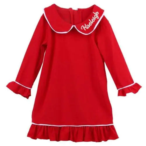 Girls Red Christmas Pajama Night Gown Monogrammed with White Trim Pink Poodle Designz