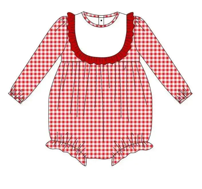 Girls Red Gingham Long Sleeve Bubble Pink Poodle Designz