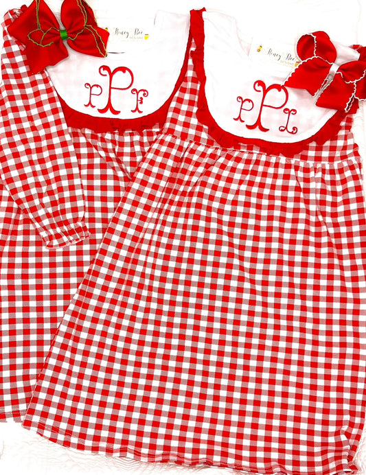 Girls Red & White Long Sleeve Gingham Cotton Dress Pink Poodle Designz