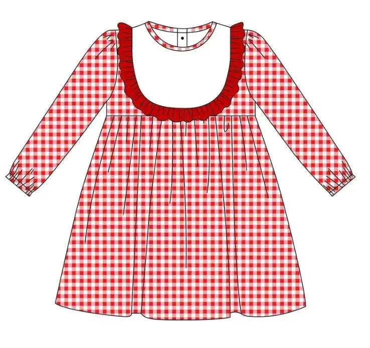 Girls Red & White Long Sleeve Gingham Cotton Dress Pink Poodle Designz