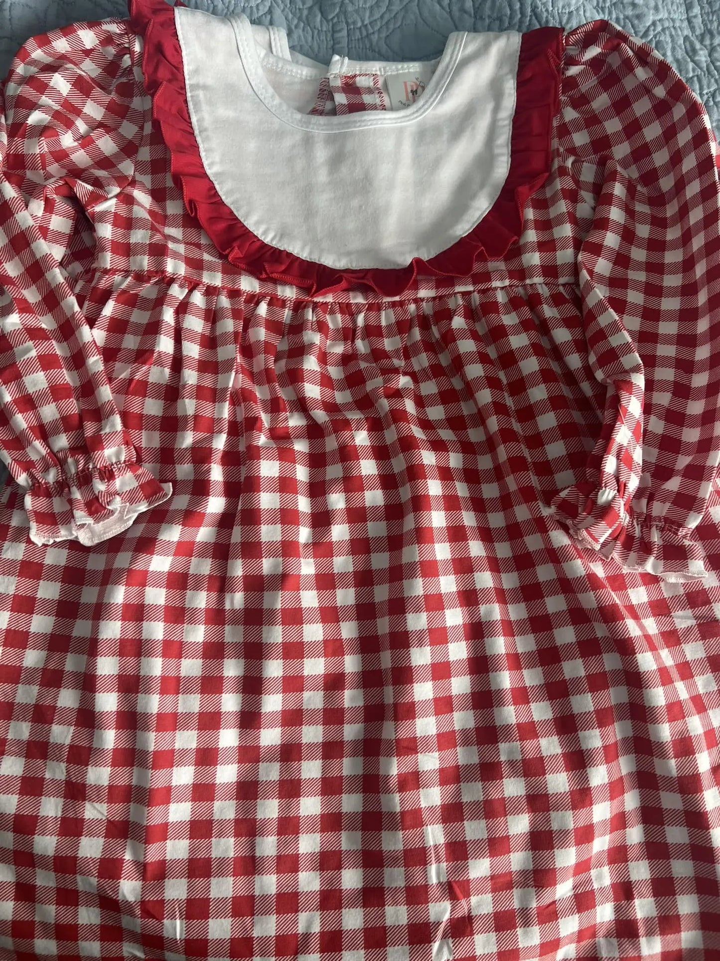 Girls Red & White Long Sleeve Gingham Cotton Dress Pink Poodle Designz