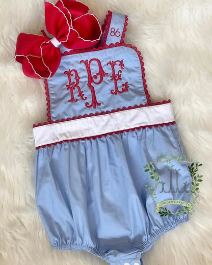 Girls Red, White & Blue Sunsuit With Red Lace RicRac Trim Pink Poodle Designz
