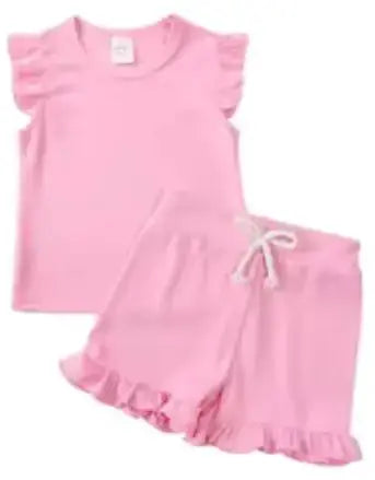 Girls Ruffled Ribbed Short Sets Pink Poodle Designz