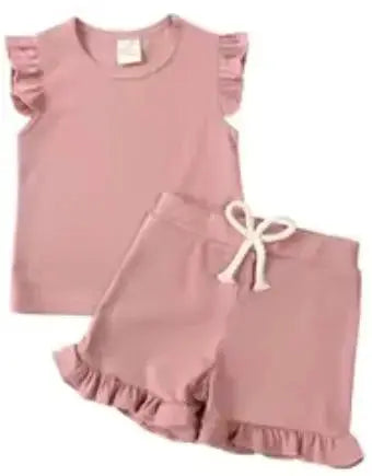 Girls Ruffled Ribbed Short Sets Pink Poodle Designz