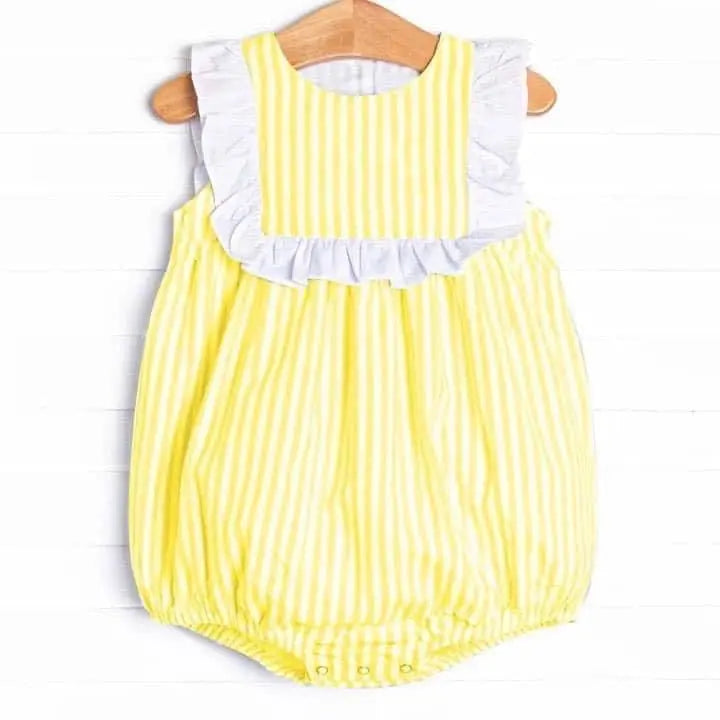 Girls Yellow Seersucker Sunsuit Pink Poodle Designz