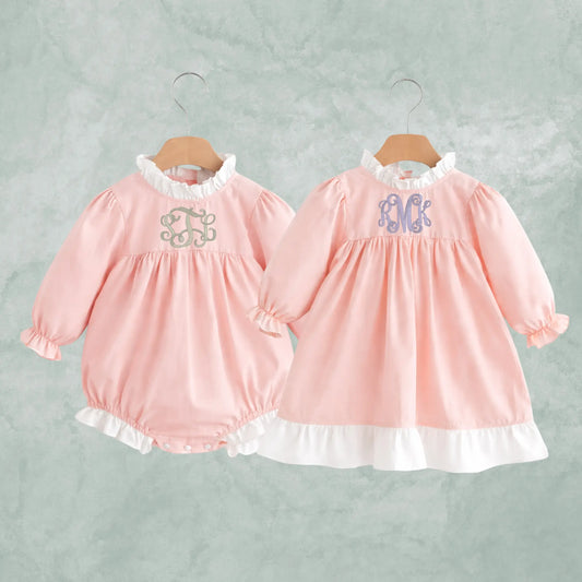 Heirloom Ruffle Dress & Matching Romper Pink Poodle Designz