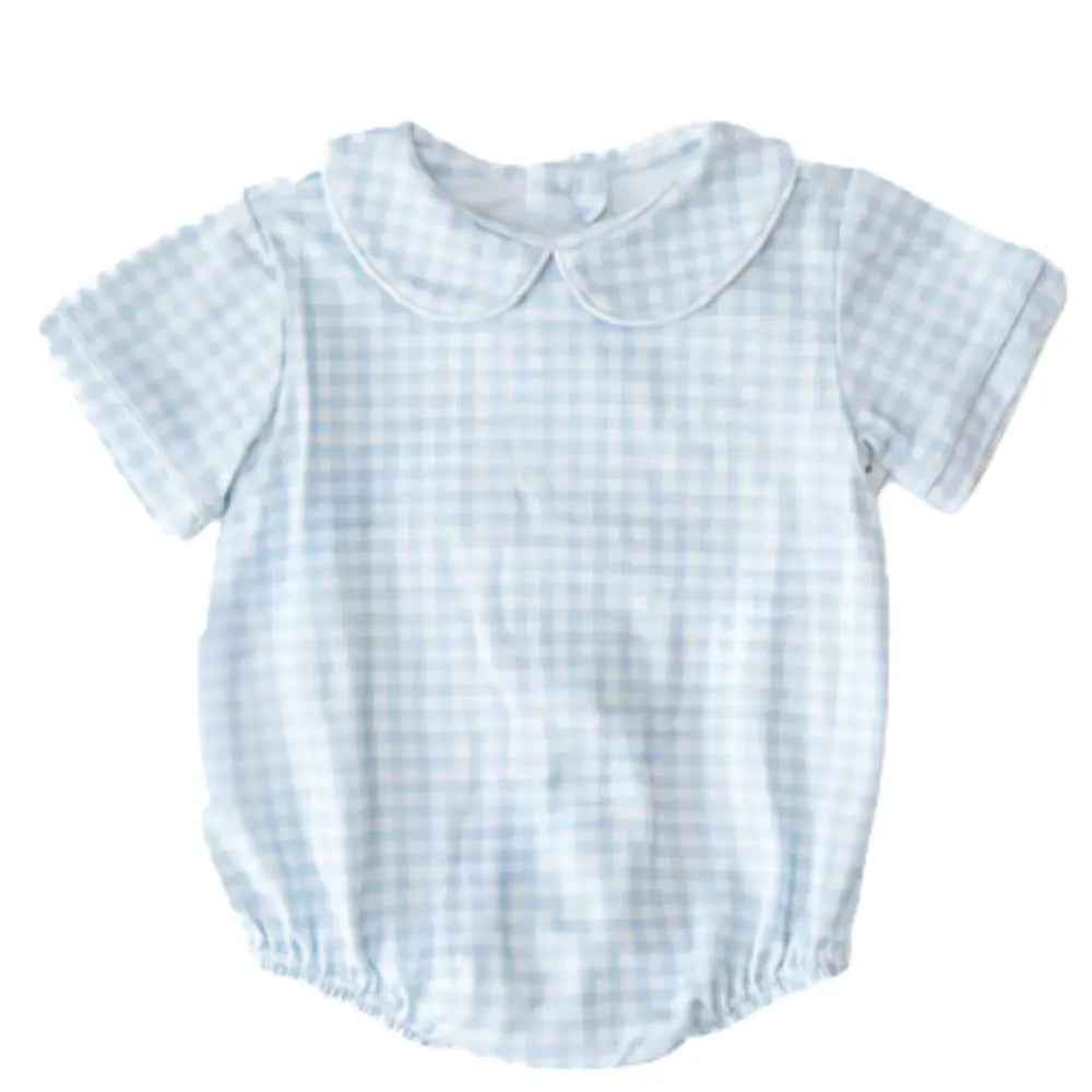 Infant Blue/White Gingham Romper Pink Poodle Designz