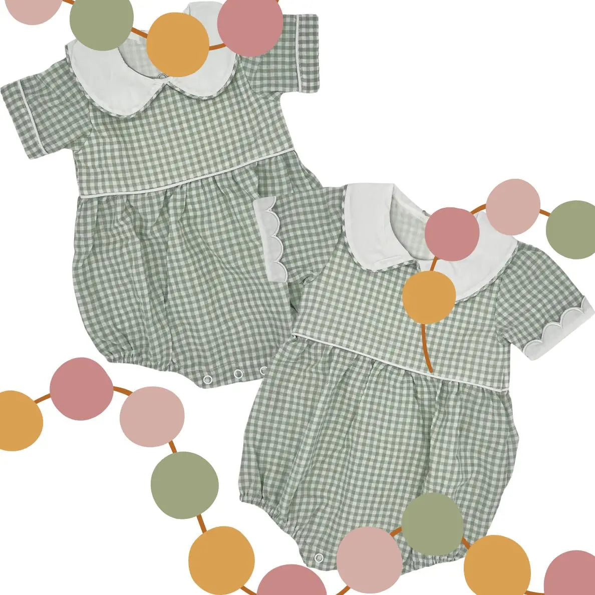 Infant Boy & Girl Sage Gingham Bubble Pink Poodle Designz