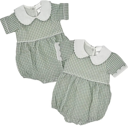 Infant Boy & Girl Sage Gingham Bubble Pink Poodle Designz