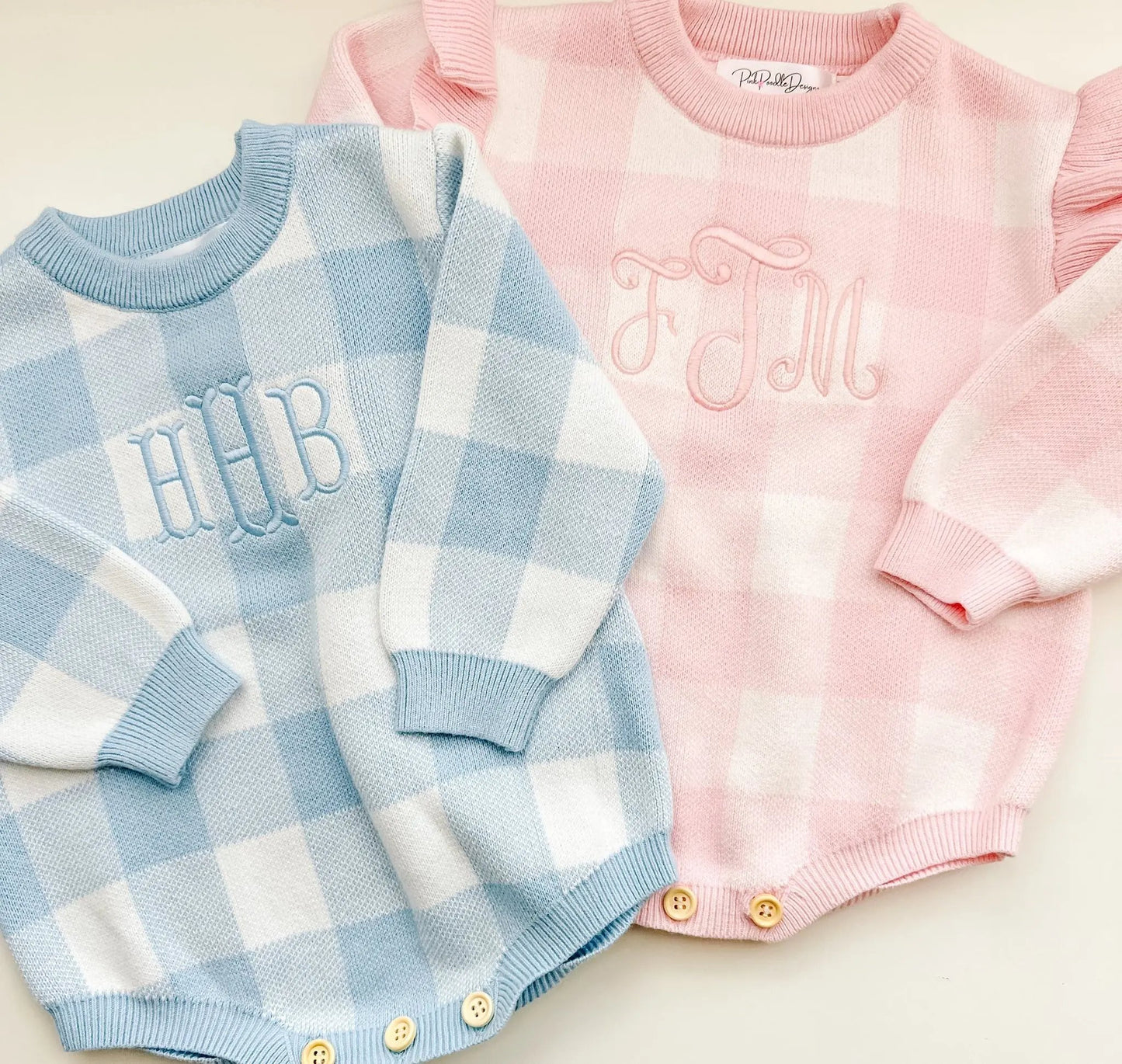 Infant Checkered Sweater Bubble Romper Pink Poodle Designz