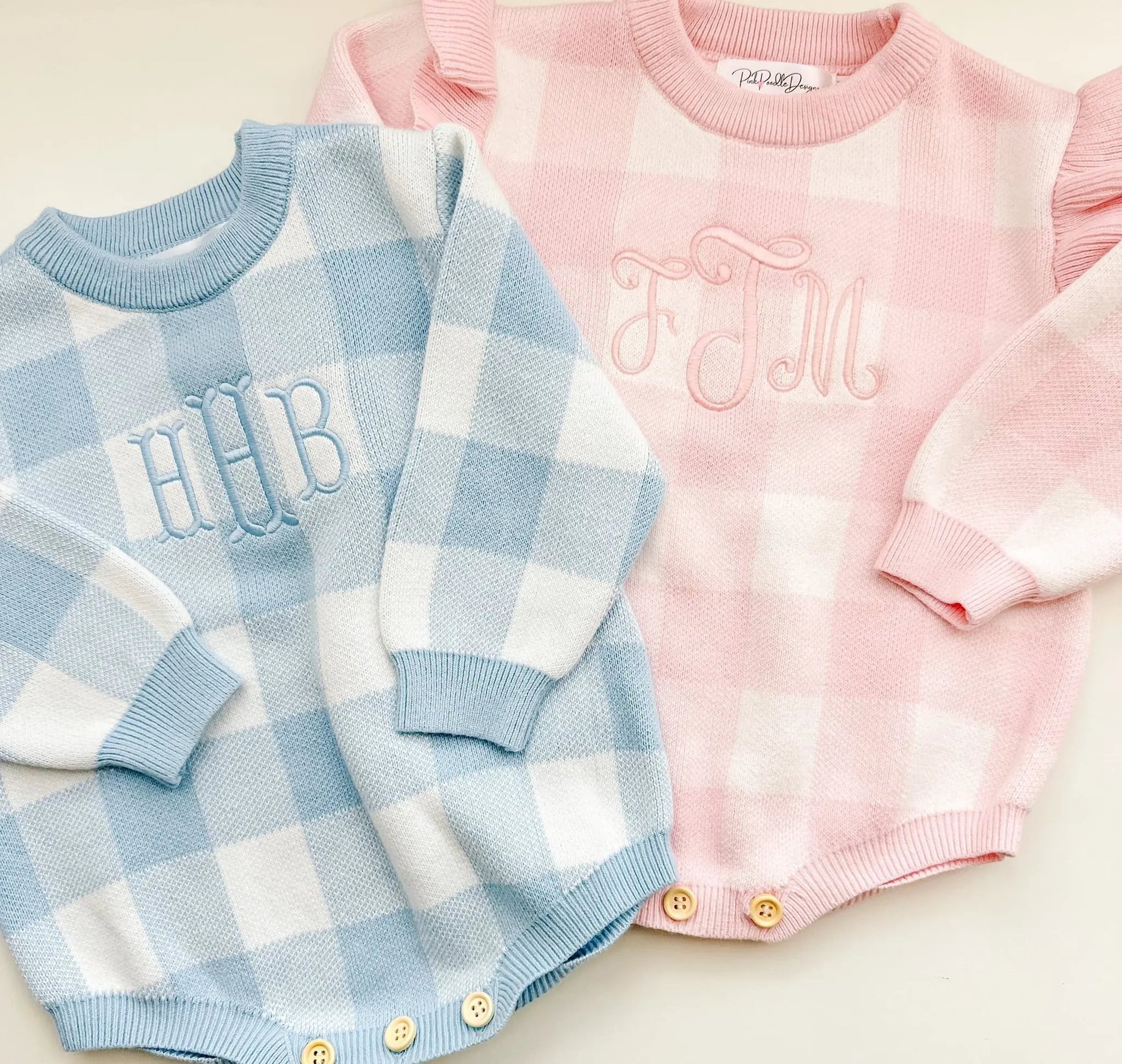 Infant Checkered Sweater Bubble Romper Pink Poodle Designz