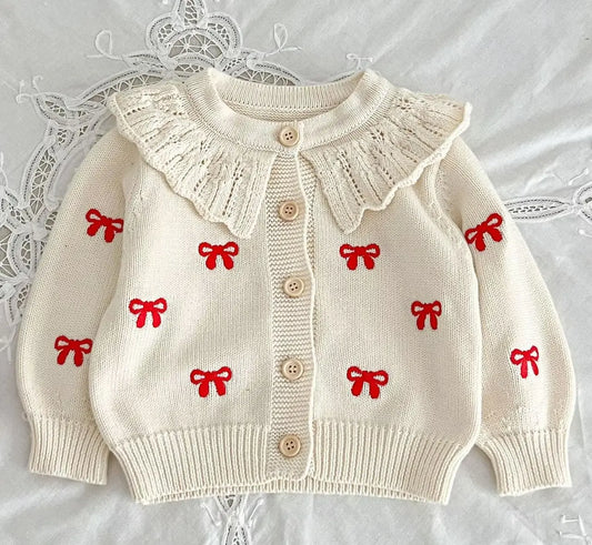 Infant/Toddler Ivory Knit Red Bow Sweater Pink Poodle Designz