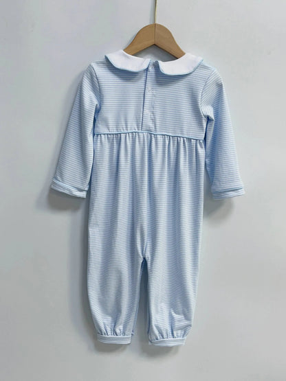 Infant Unisex Solid Chest Blue Stripe Romper Adriana's Blanks